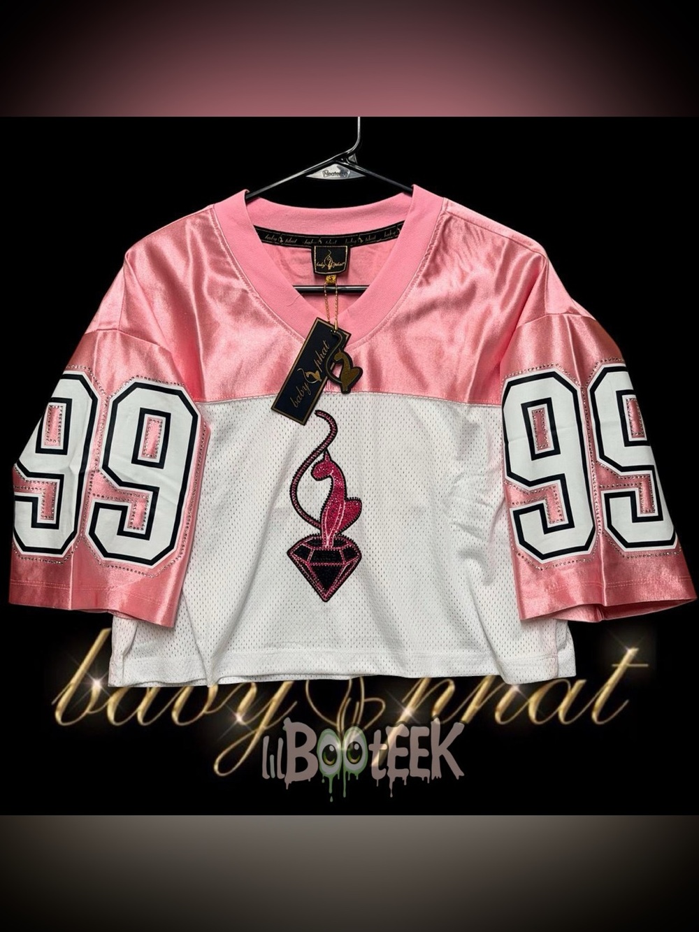 Baby Phat SM Pink & White Rhinestone Football Jersey Crop 25 year LE Y2K '99